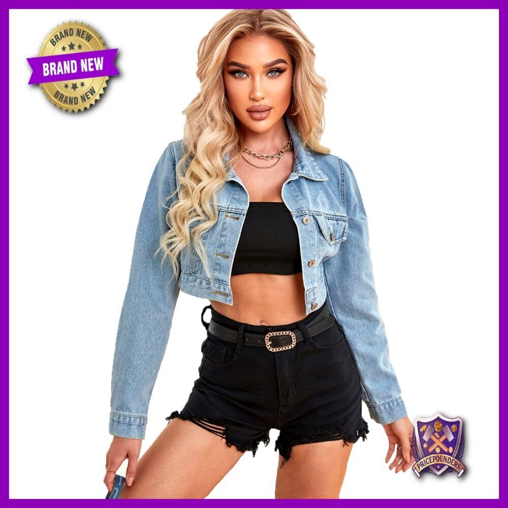 Cropped Denim Jean Jacket Distressed Vintage Button Up Casual Chic